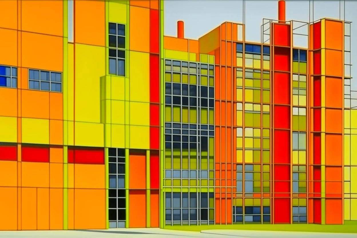 An orange hi-tech factory painted by Piet Mondrian