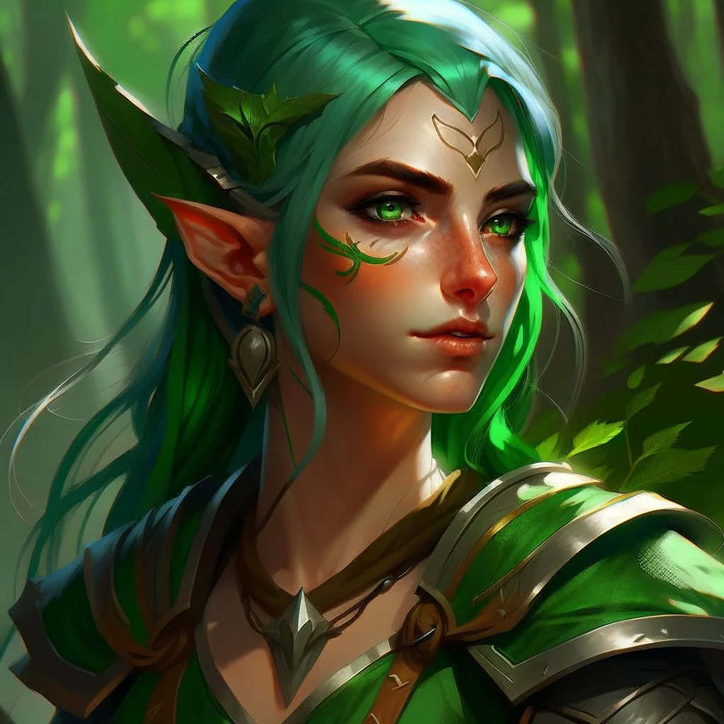 dnd, artistic, illustration, artstation, elf, feywild, bright green hair, green eyes, warrior, portrait