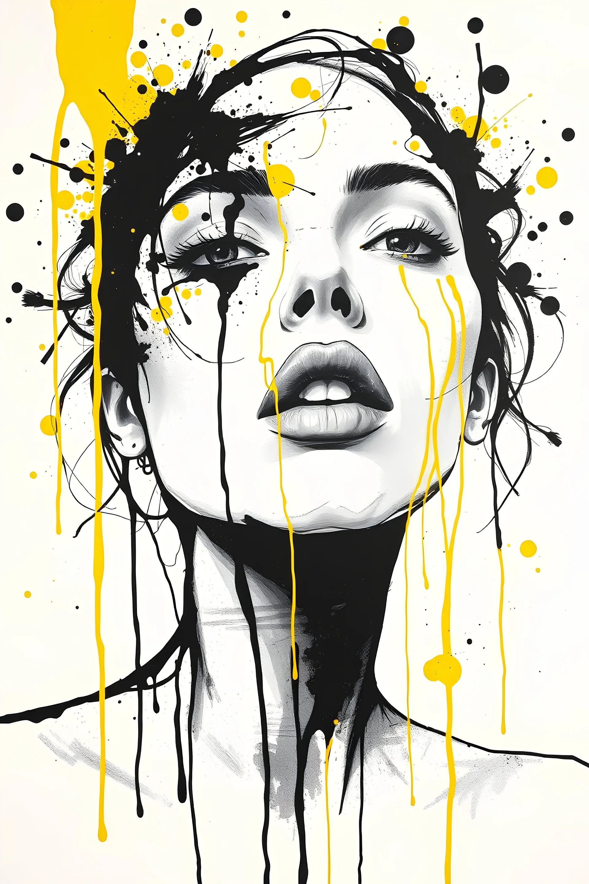 woman show, abstract splatters and drips, Monochrome with yellow accents, white background