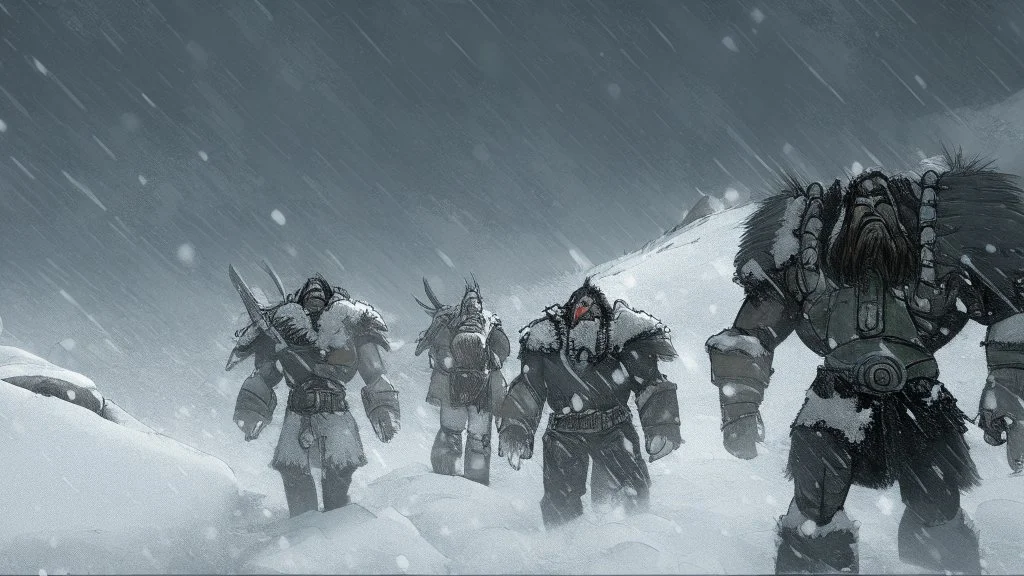 Warriors in blizzard, comic style