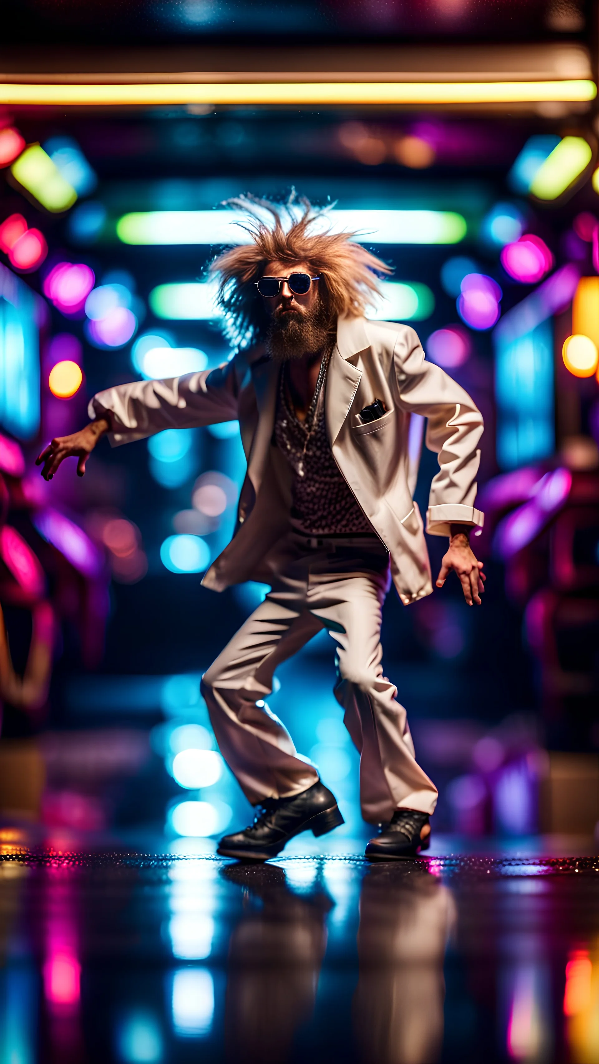 funky punk hippy hairy white skinned pimp tap dancer fashion gremlin in the middle of crazy dance moves dancing on buss parked in dark lit reflective wet arcade hall tunnel,bokeh like f/0.8, tilt-shift lens 8k, high detail, smooth render, down-light, unreal engine, prize winning