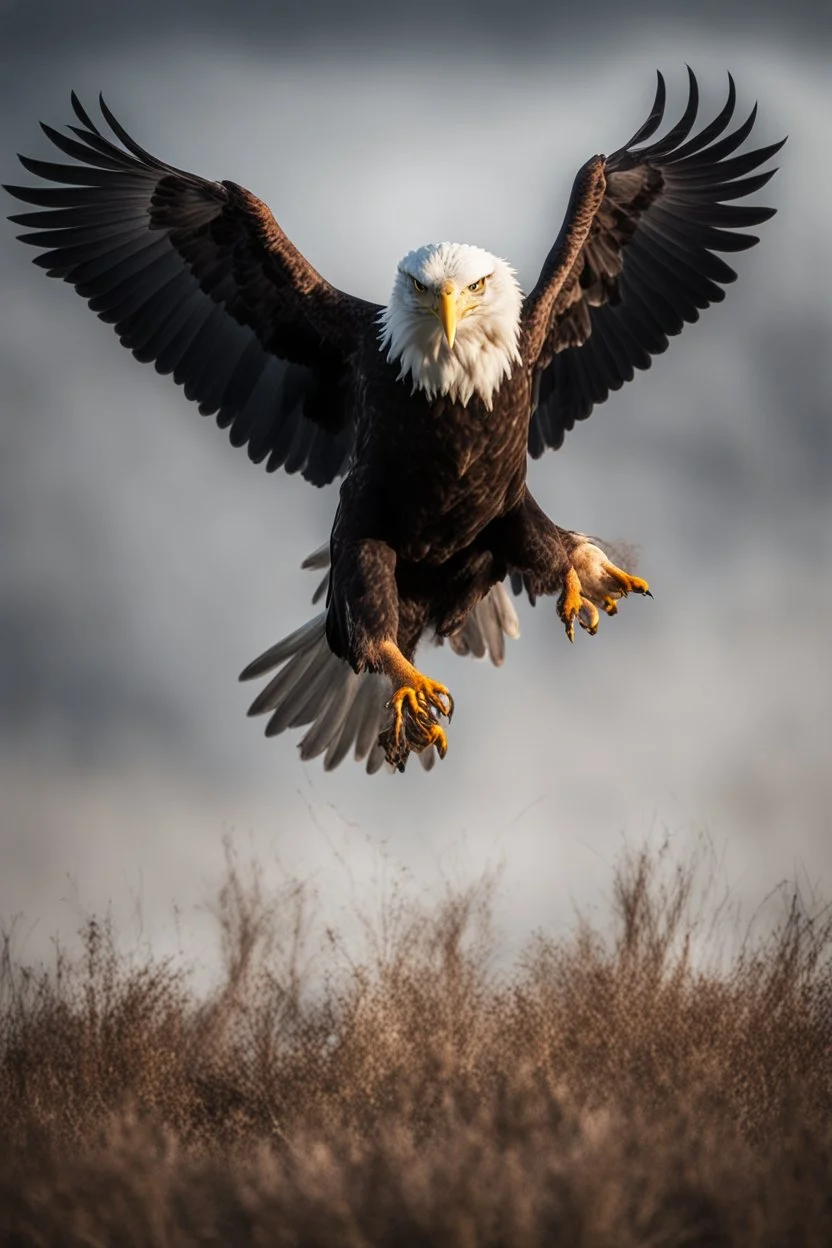 A captivating image of a attacking angry Bald Eagle in its natural habitat., poised on a vast field with a stark contrast between light and dark, conveys a powerful sense of tension. In this expertly captured photograph, the predatory animal stands tall, its muscular frame oozing strength and dominance. The sharpness of every detail accentuates the creature's primal aura, from its razor-sharp teeth and piercing eyes to its sleek, glossy fur. This mesmerizing image.