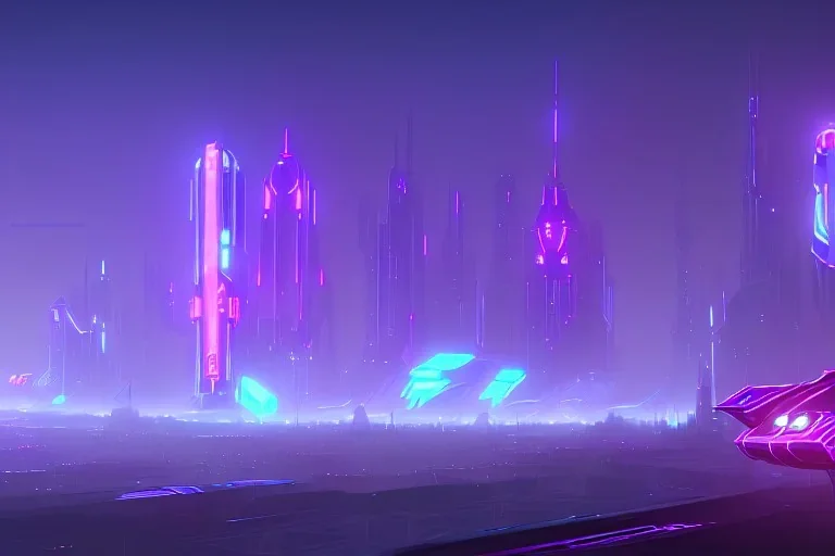 futuristic tron city landscape, flying cars, robots, blue and purple neon