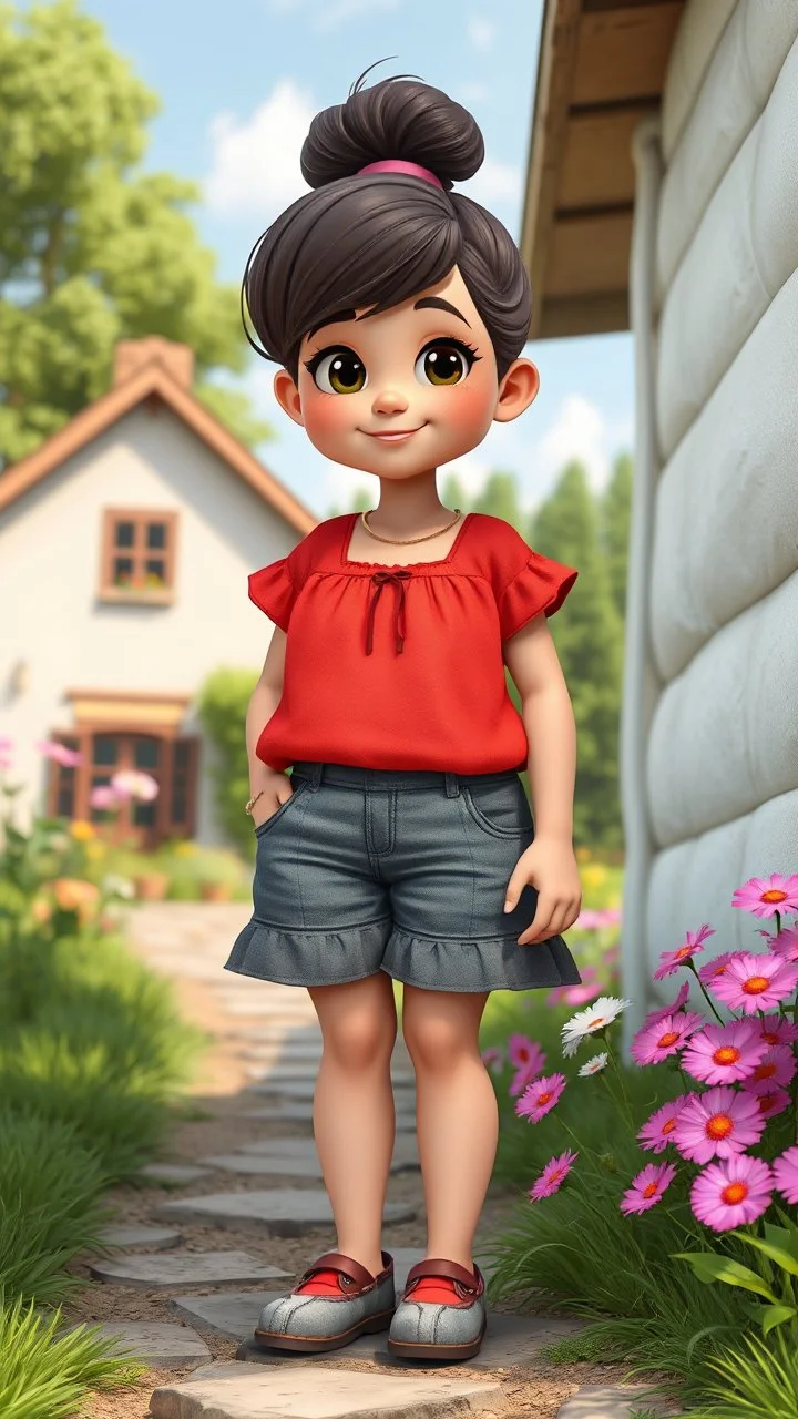 cartonic Chubby child lady with bold eyes and in pretty top and short tight and nice shoes,standing in country side next to country house with flowers,trees.