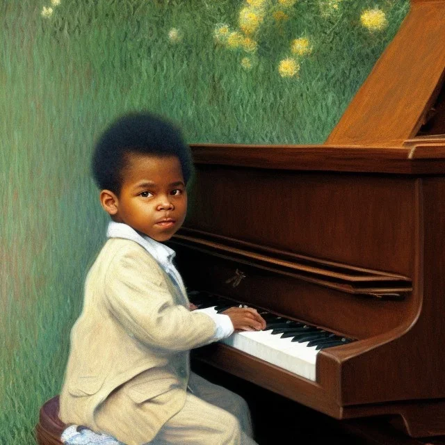 African American baby boy musician with piano modern art by monet