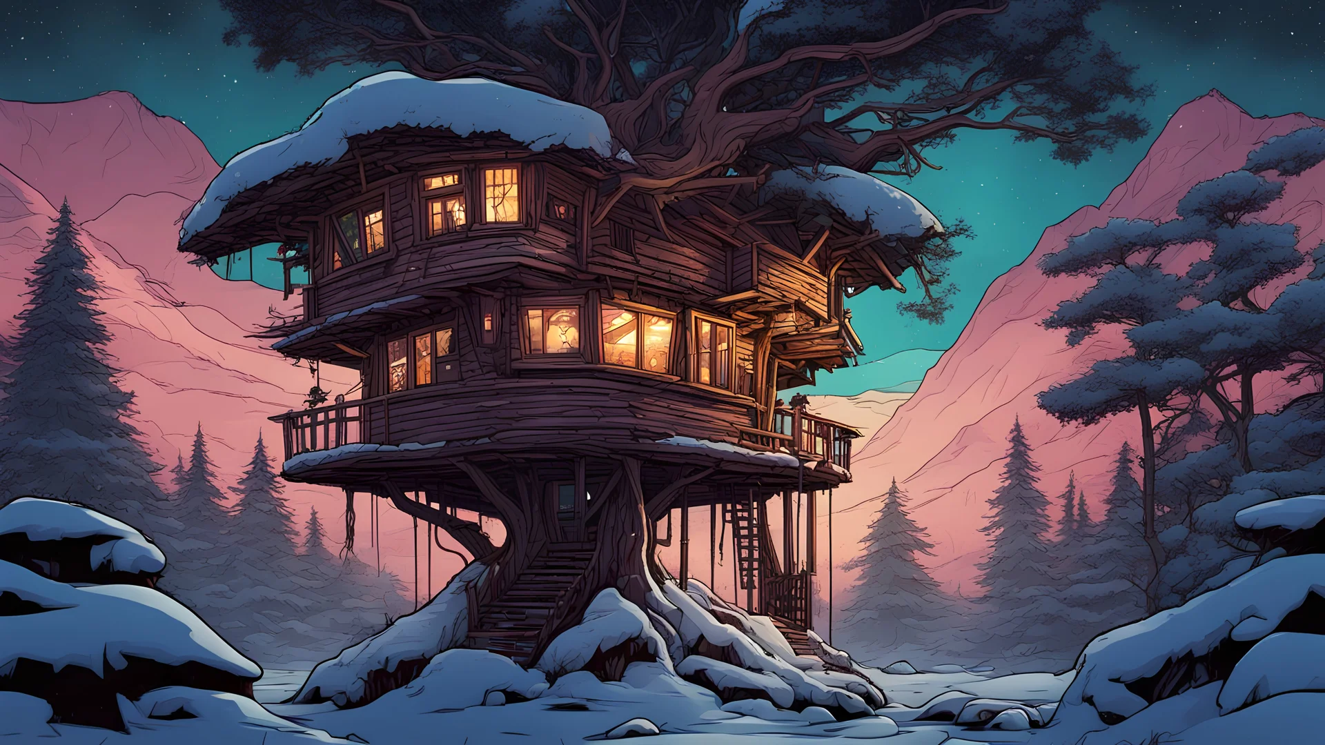 comic style, holistic, treehouse in the jungle, under the snow, at night, 4k, very detailed, colorful