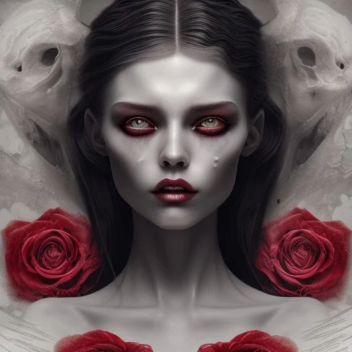 Mystery scary VAMPIRE,Ambiance dramatique, dramatic lighting, volumetric lighting, hyperrealisme, 8k, high quality, lot of details, fit within portrait , black and red roses , alan parker , anna dittman , close up vampire teeth,