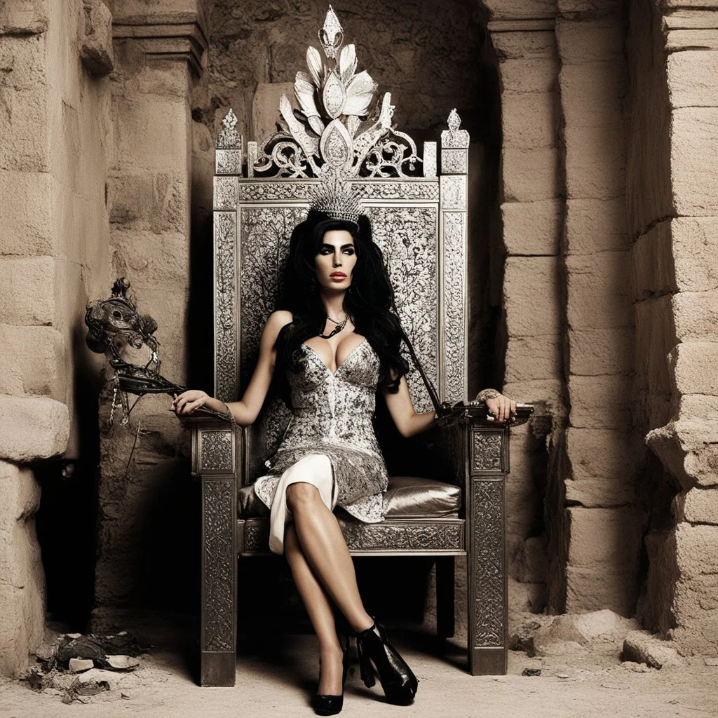 [vintage style noisy scratches glitches, Shot the texture and then rewound the film and double exposed the face] Amy Winehouse as the Queen of Judea in Jerusalem, on her throne in agent provocateur with no inhibition