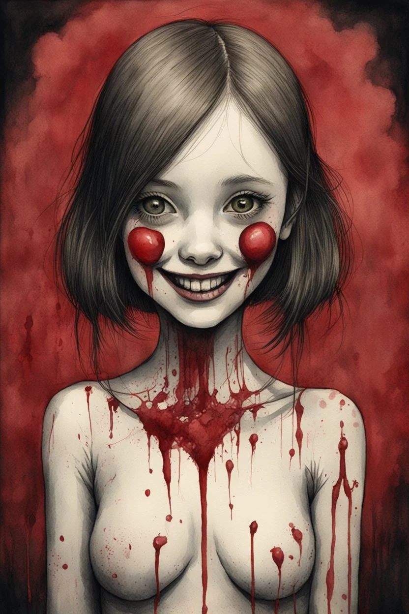 body anormal, smile blood, girl cute, watercolor illustration by <John Kenn Mortensen>, darkred tones,