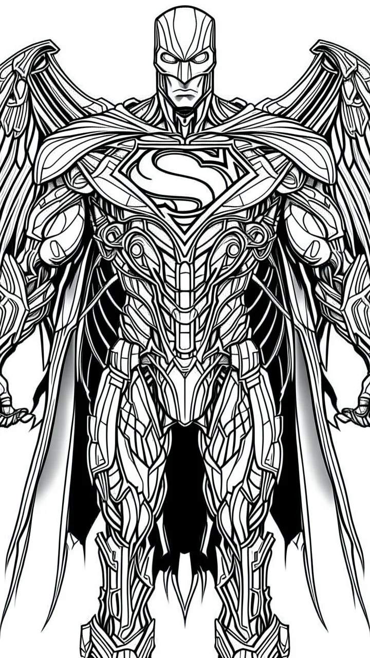 Facing front mechanical cyborg l Superman straddle wings detailed, intricate, mechanical, gears cogs cables wires circuits, gold silver chrome copper