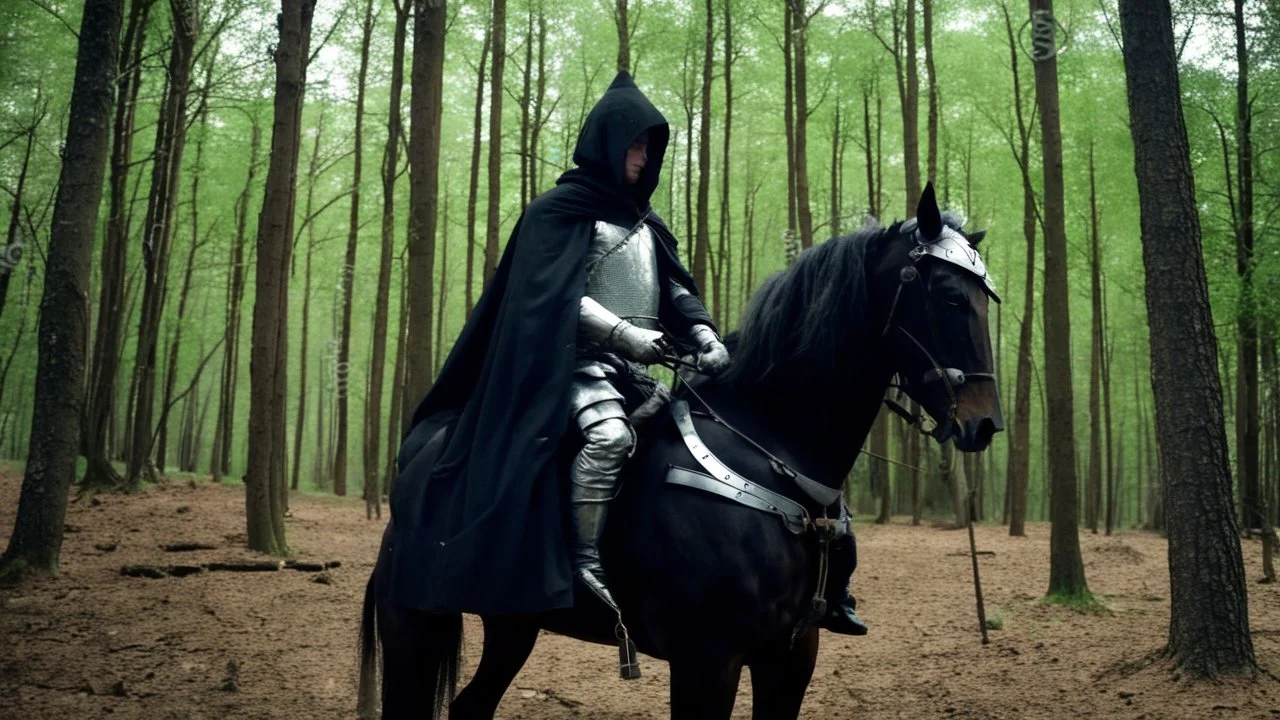 warrior in armor covered by black robe and hood mounted on a horse in the forest