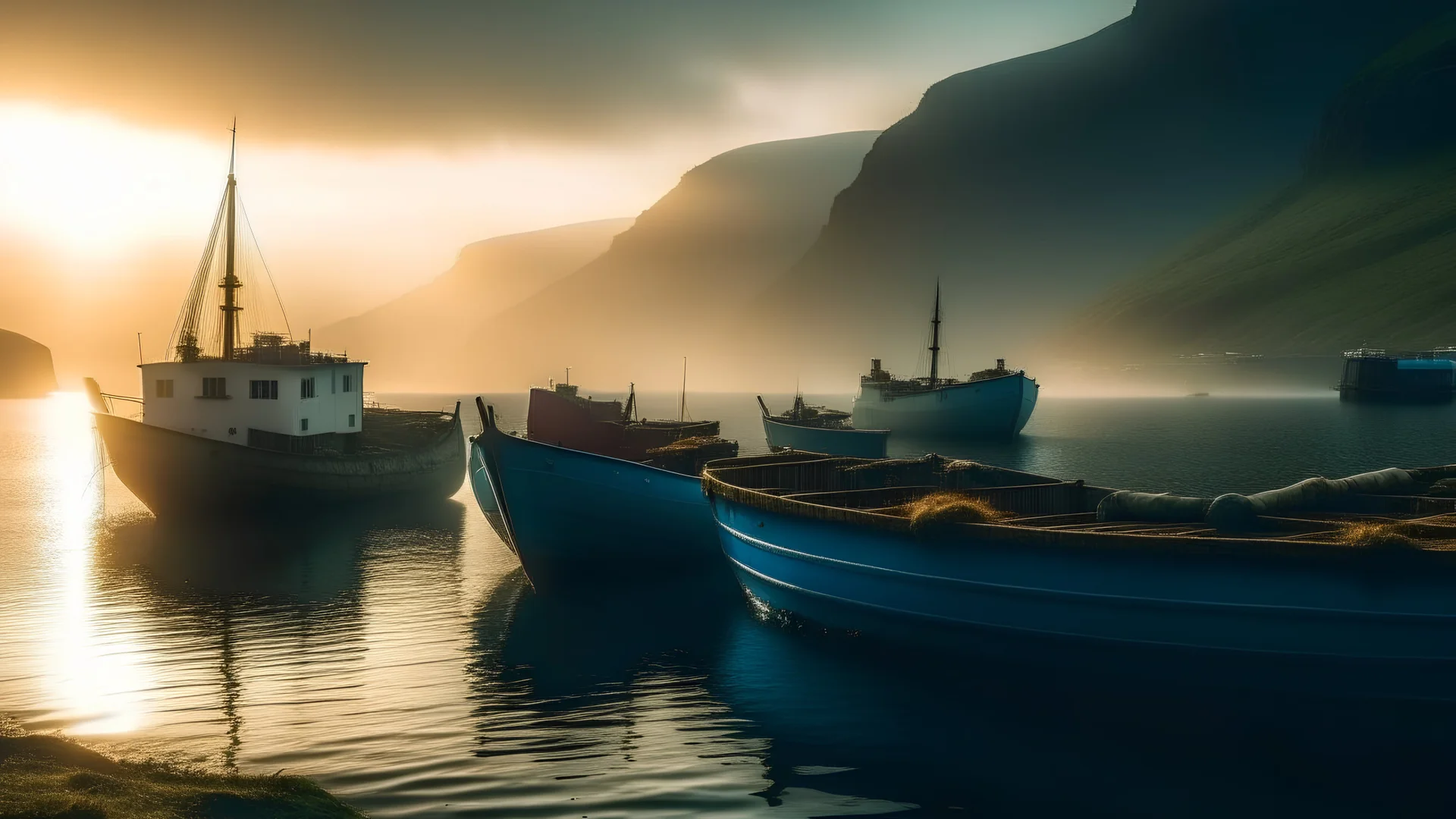 Painted fishermen’s boats anchored in a harbour in the Faroe Islands near a fishing village, fishermen putting fishing nets on their boats, peaceful, mist in the distance over the calm sea, early morning, sunrise, beautiful romantic photograph, excellent composition, atmospheric, realistic