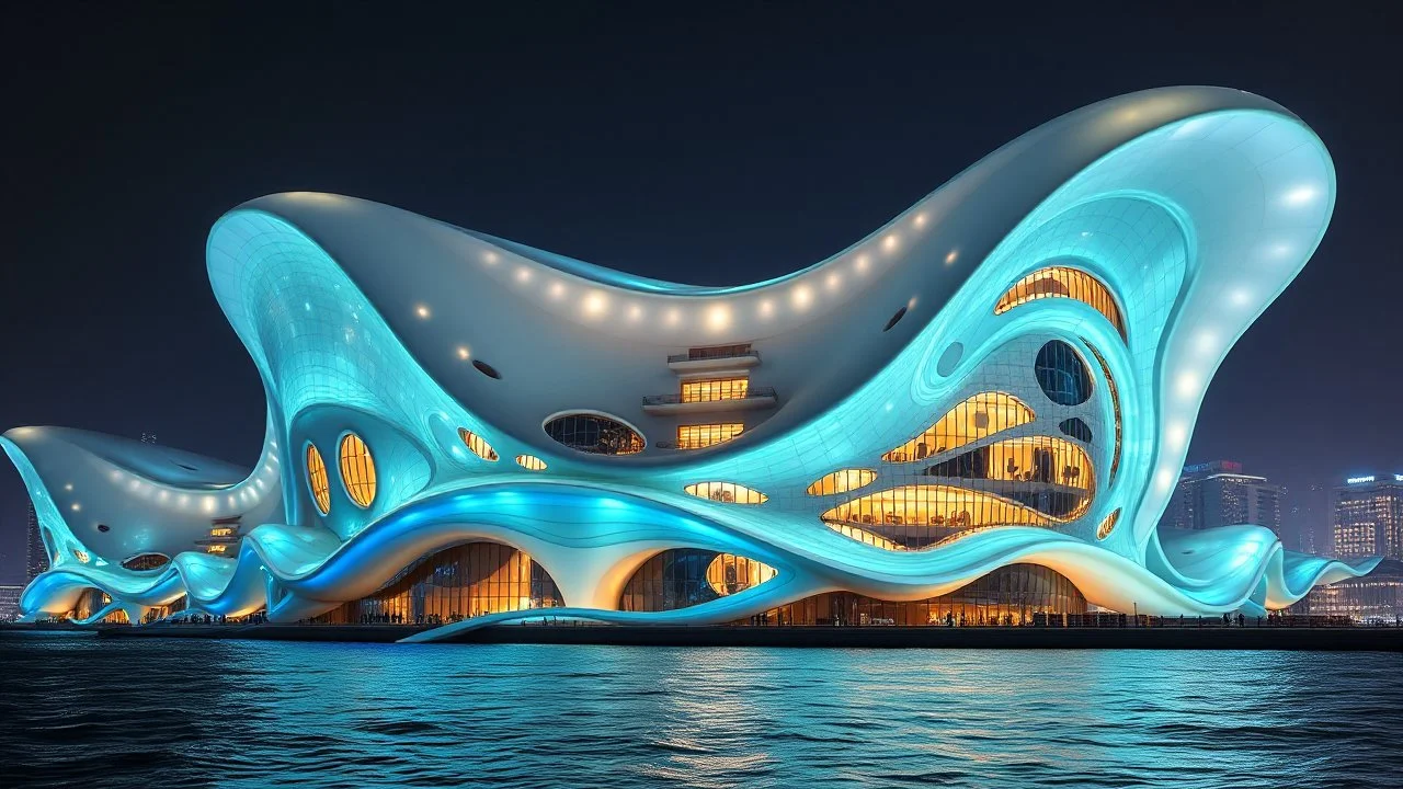 An enormous frisky futuristic fantasy building at night, inspired by the fluidity of ocean waves, with undulating, curved walls made of shimmering, innovative semi-transparent opalescent materials. The happy building has large, curved, intriguing rounded windows, tentacles, curved balconies and walkways. The building is surrounded by water, and there are similar buildings nearby. Award-winning photograph, beautiful composition, joyful appearance.