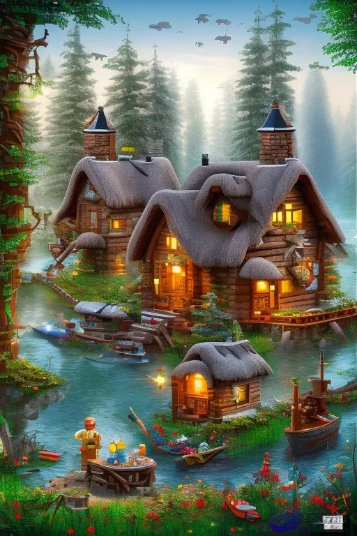 lego cottage in the forest with lake boy girl