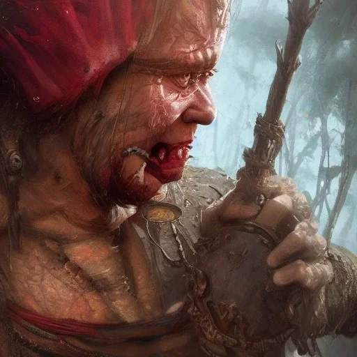 Insanely detailed photograph of an “portrait of a Giant Downsyndrome D&D barbarian wearing a red loincloth ”, smiling clear face and hyperdetailed painting by Ismail Inceoglu Huang Guangjian and Dan Witz CGSociety ZBrush Central fantasy art album cover art,8K, hdr, epic, mysterious, ominous, hands focused on a glowing D20, jewelry, motivated