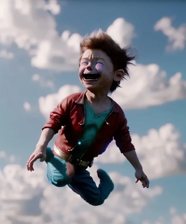 Ultra realistic clouds sky scene, medium shot view, portrait, sweet monster Childs free jumping flying with trinkets, smile, happy, Wes Anderson style, Peter Pan, inflatable color clothing, extreme, wind, clouds sea, 20,000 feet altitude, stratosphere, soft color, highly detailed, unreal engine 5, ray tracing, RTX, lumen lighting, ultra detail, volumetric lighting, 3d, finely drawn, high definition, high resolution.