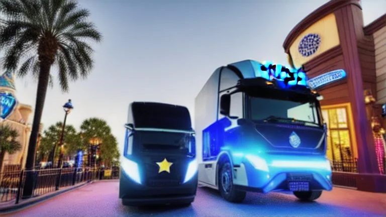 A police Tesla Cybertruck is chasing a Tesla 'Model S Plaid' at top speed, across the 'Islands of Adventure, Universal', in Orlando, Florida. CINEMATIC. WIDE ANGLE LENS.