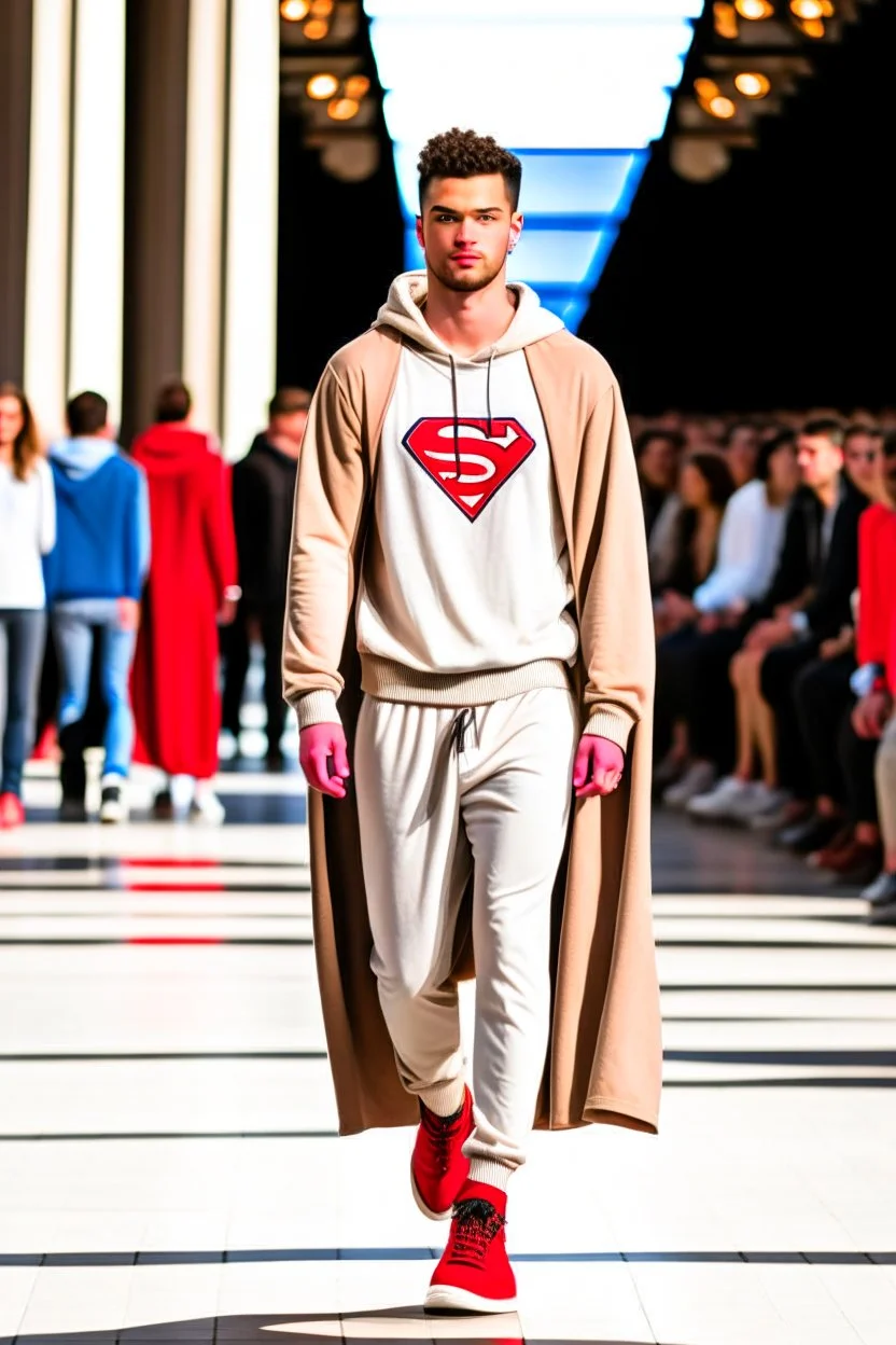 A guy on a fashion runway with Kryptonian Superman street wear Clothes in neutral colors