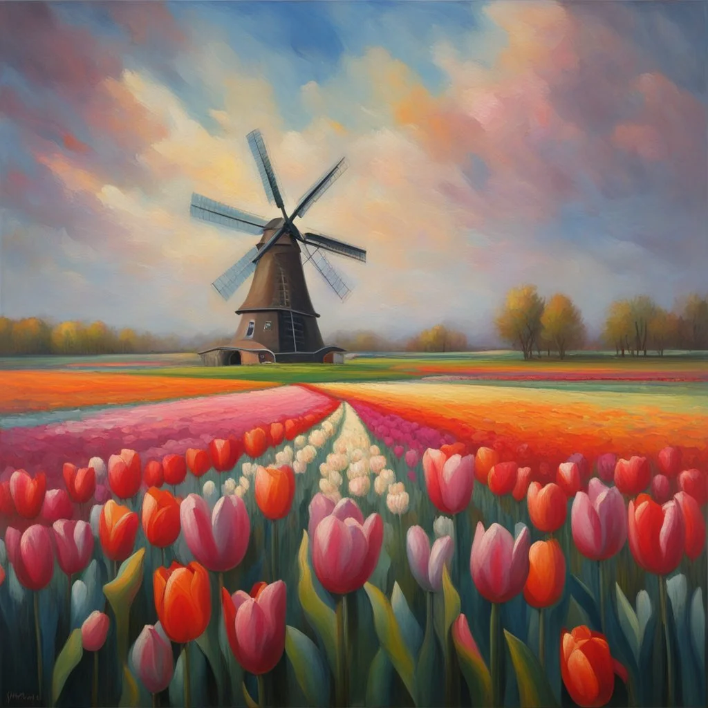 Dutch windmill in a field of blooming tulips, impressionism, matte oil painting, color divisionism of rows of flowers, dramatic and colorful, expansive, depiction of light in in its changing qualities, complex contrast, dynamic composition, repoussoir