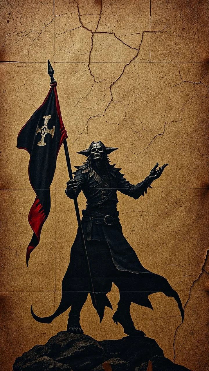 A poster made out of old leather cover and cracks , Bosch painting style, a shadow of creature with flag of pirates in hand looking up to the stars