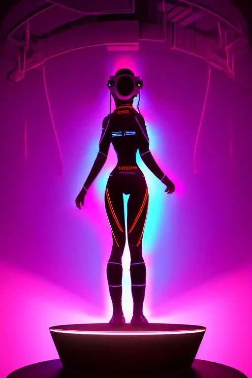 3d, si-fi hunger, girl middle stand on round glowing platform, connected by wires , vr googles, beautifully color coded, super detailed, moody lighting, volumetric lighting, night time, glowing veins, mass effect, vertical light glow