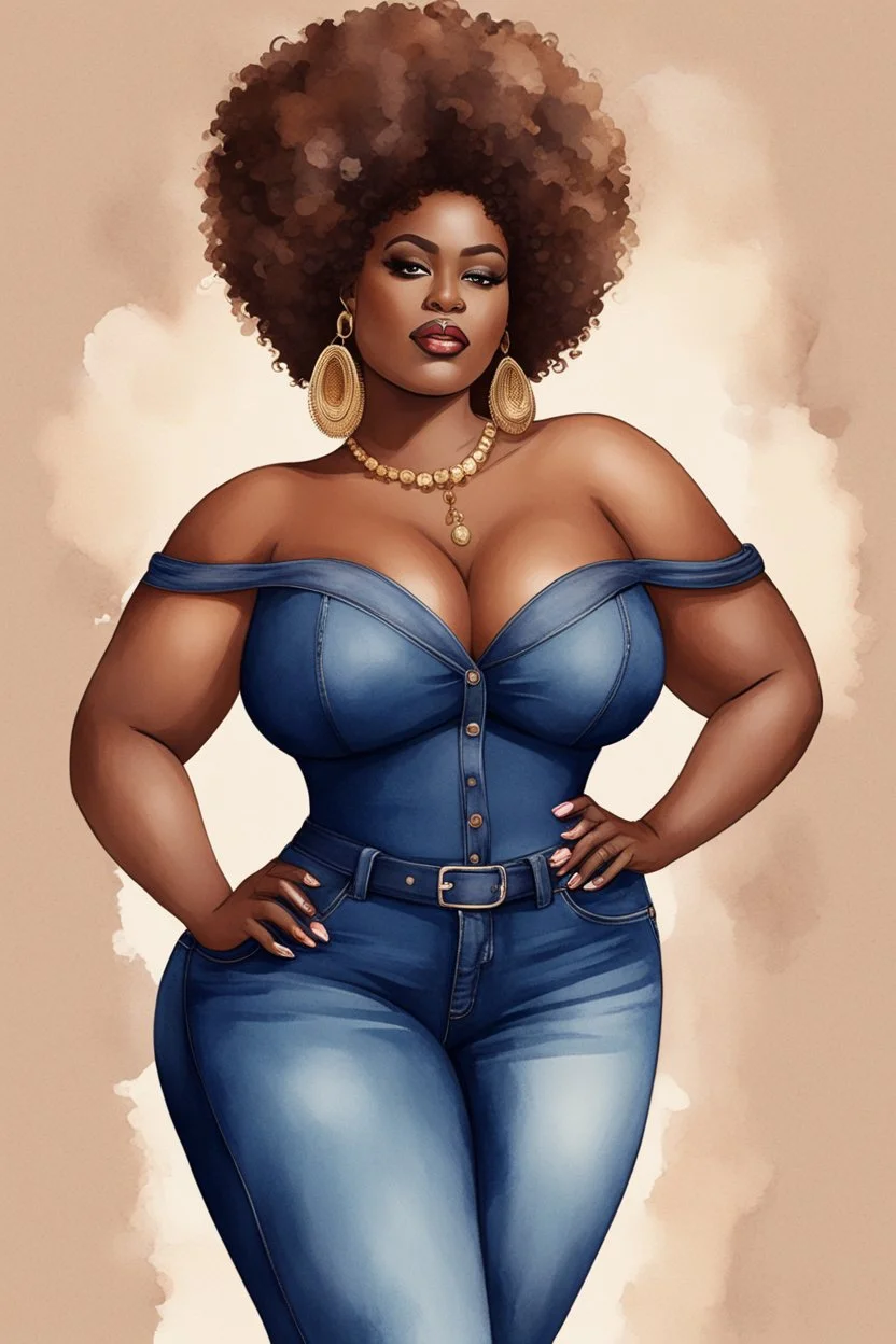 create a watercolor illustration of a plus size dark skinned black female wearing Tight blue jeans and a hazel brown off the shoulder blouse. Prominent make up with long lashes and hazel eyes. She is wearing brown feather earrings. Highly detailed full black tight curl afro