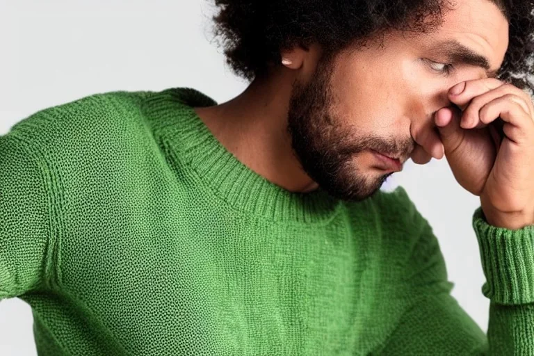 Man thinking hard in green sweater