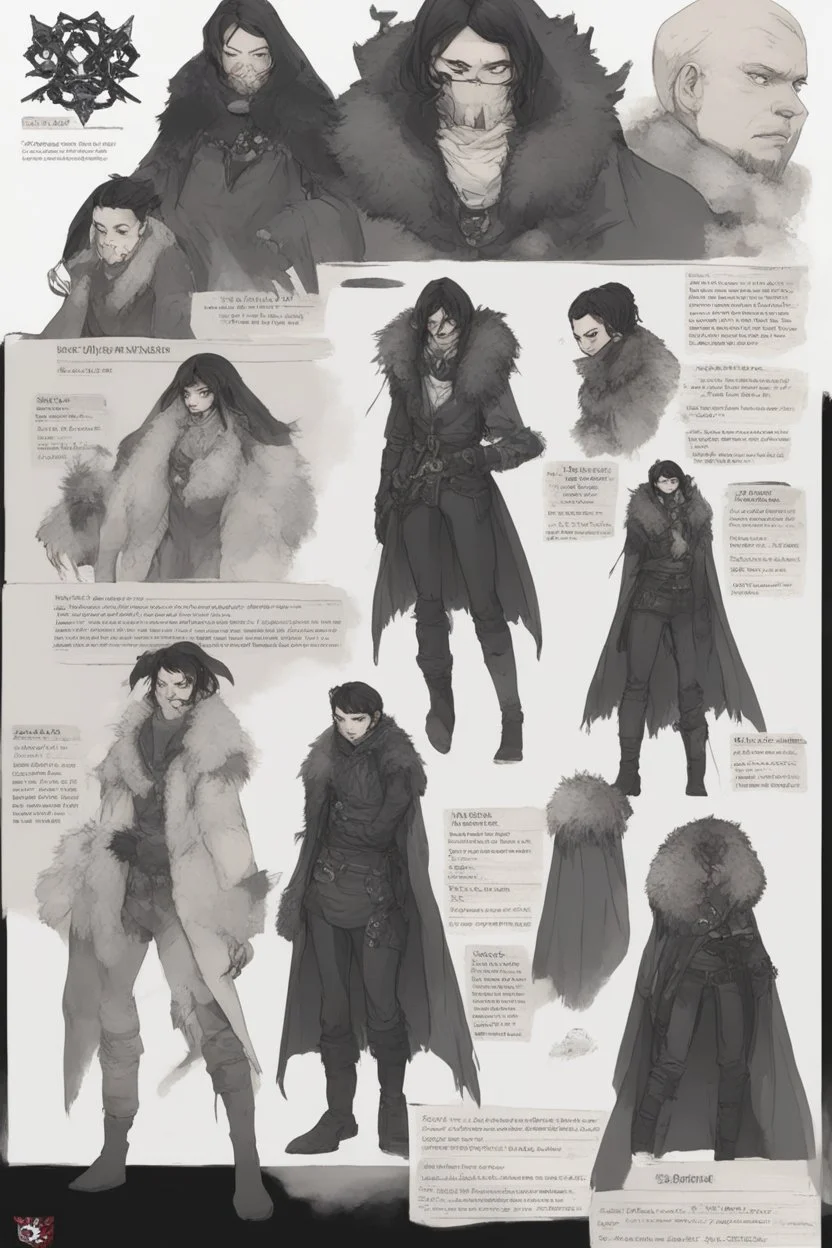 A dnd character sheet. A woman dressed for the cold north dressed in dark furs, with black hair. Death cleric wearing a mask, female woman girl