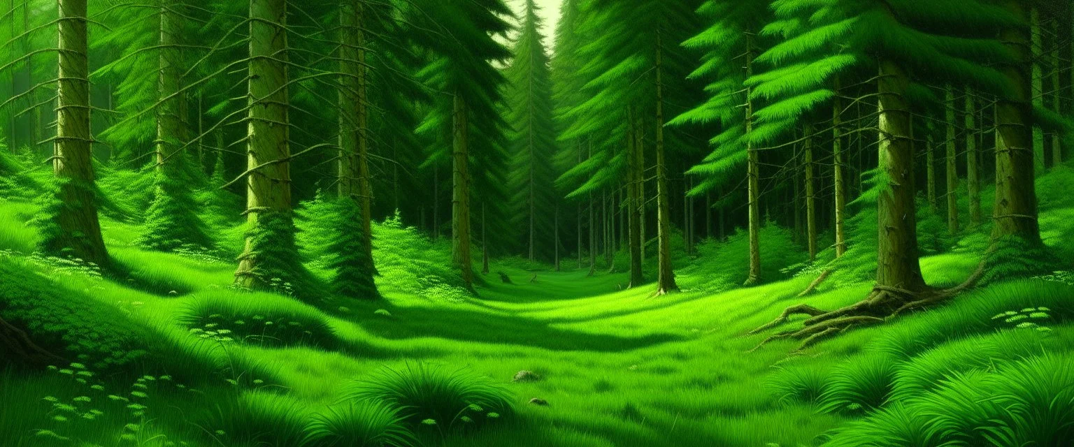 A green grassy forest painted by Frank Wilson