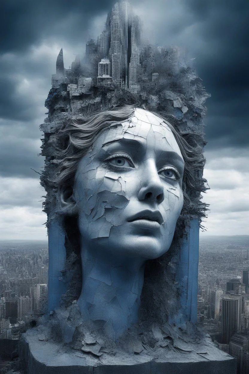surrealis monochrome A fragmented, surreal sculpture liguid blue color of photorealistic image 3d,psychedelic art glossy emerging from devilish a crumbling empire state building. The girl face appear and intricate details, evoking a haunting expression. set against a backdrop of stormy, cloud-filled skies. bauhaus art The overall tone is dark blue and moody, suggesting themes of decay and transformation.fine lines draw