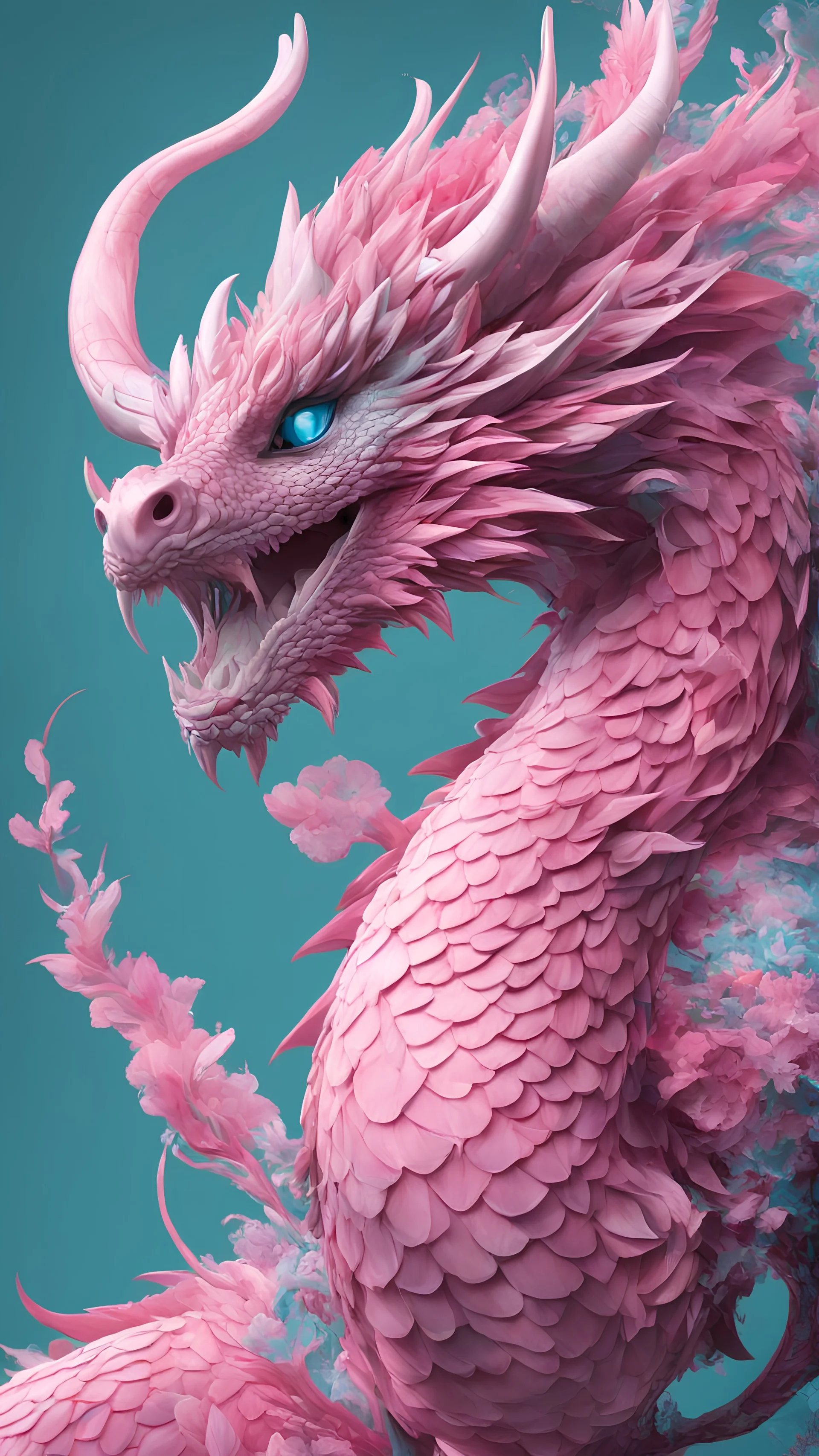 portrait, Artist Yoko Yamayama's "Dream of the Pink Dragon" adopts the Cinema4D rendering style, with semi transparent colors, a blue background, realistic super detail rendering, Eastern minimalism, 32k uhd, radical digital illustrations, and an overall color tone of mint