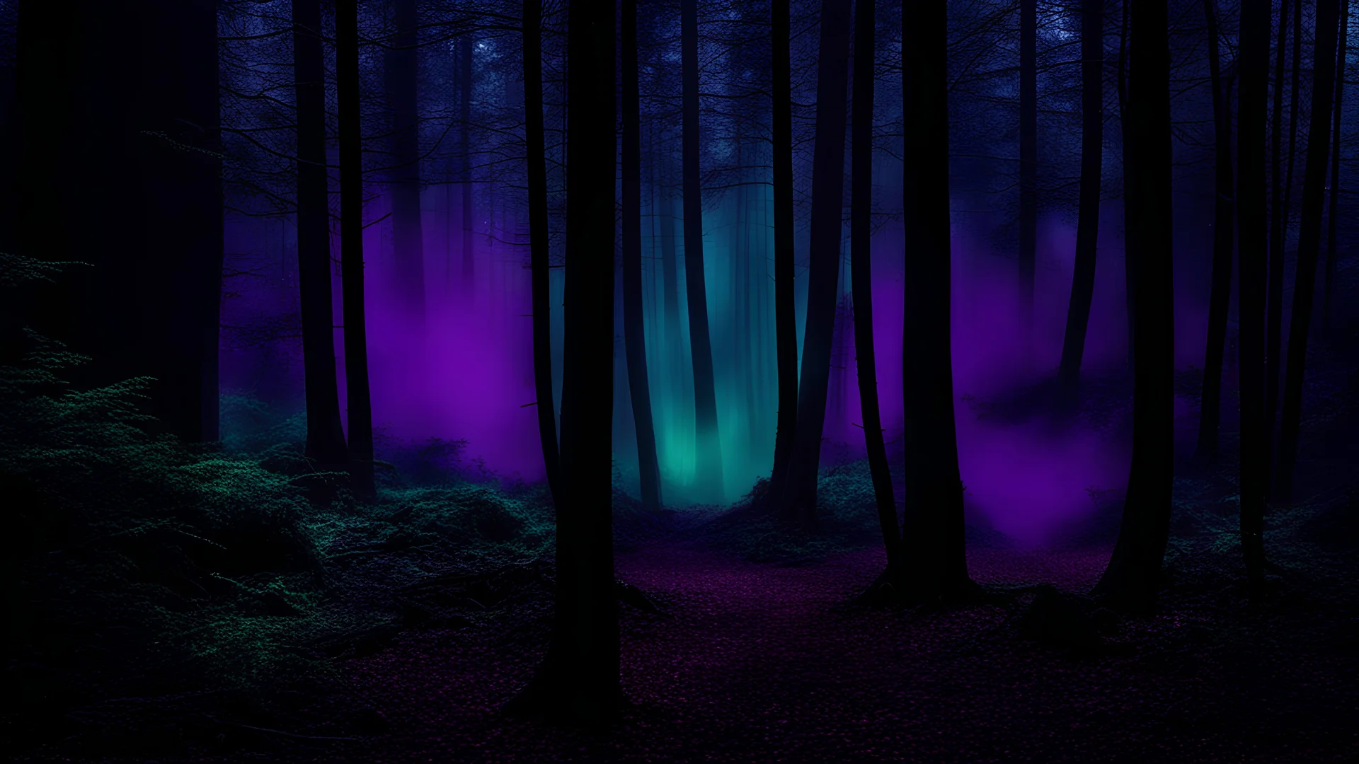 eerie forest with purple green and blue smoky lights in the distance