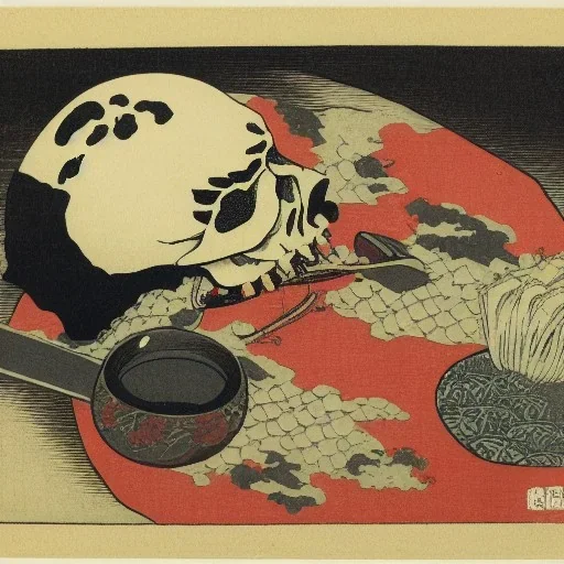 Knive in Skull in water smoking by Hokusai