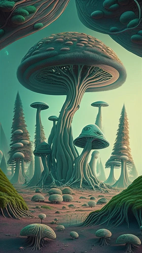 alien landscape with trees and mushrooms