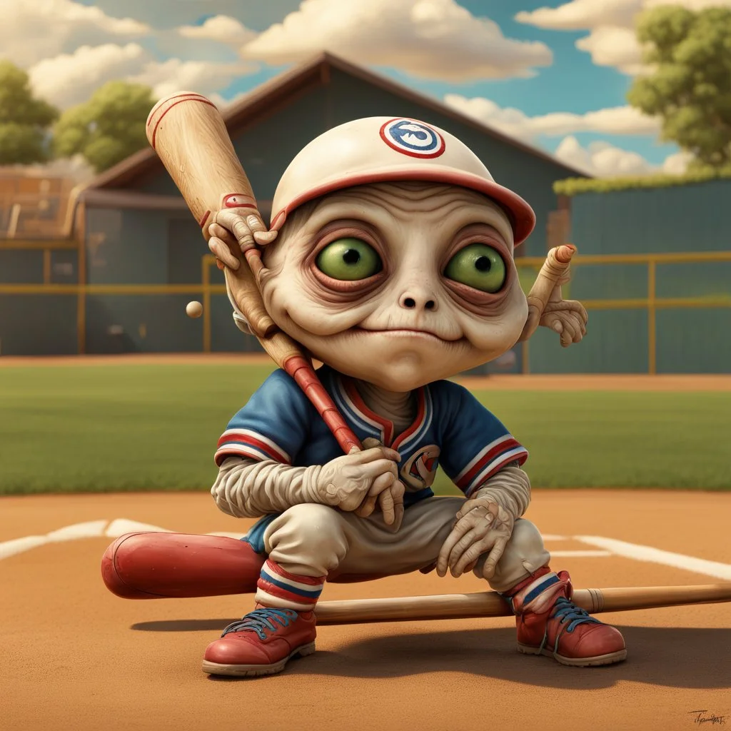 whimsical detailed photorealistic extra-terrestrial caricature by Tim Burton, colorful whimsical quirky strange Alien children wearing alien baseball uniforms playing a game of baseball on an alien sandlot; baseball & baseball-bat, intergalactic baseball sandlot diamond alien wonderland, by Tim Burton and Mark Ryden, cinematic lighting : perfect anatomy : perfect gear : extraordinarily_detailed