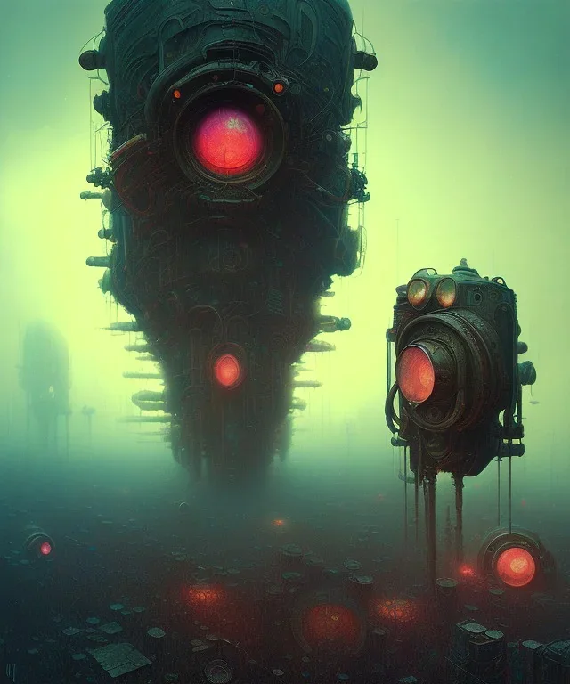 Camera., concept art, hyper detailed, beksinski, dan mumford, post-apocalyptic, oil on canvas