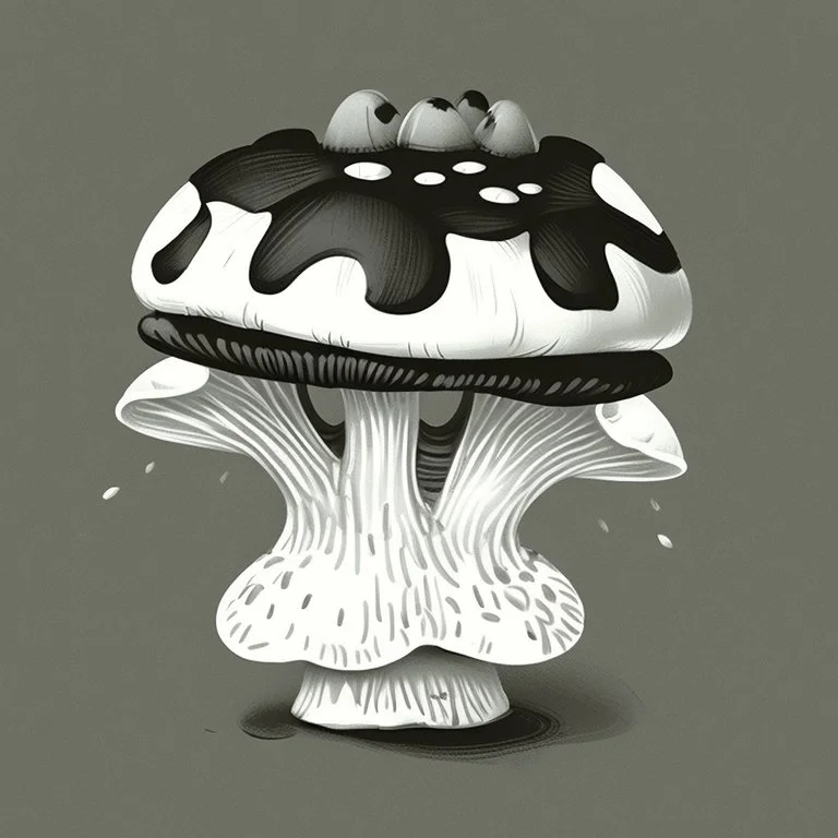 mushroom, black and white, cartoon, drawing, cute, creature, simple, mouth