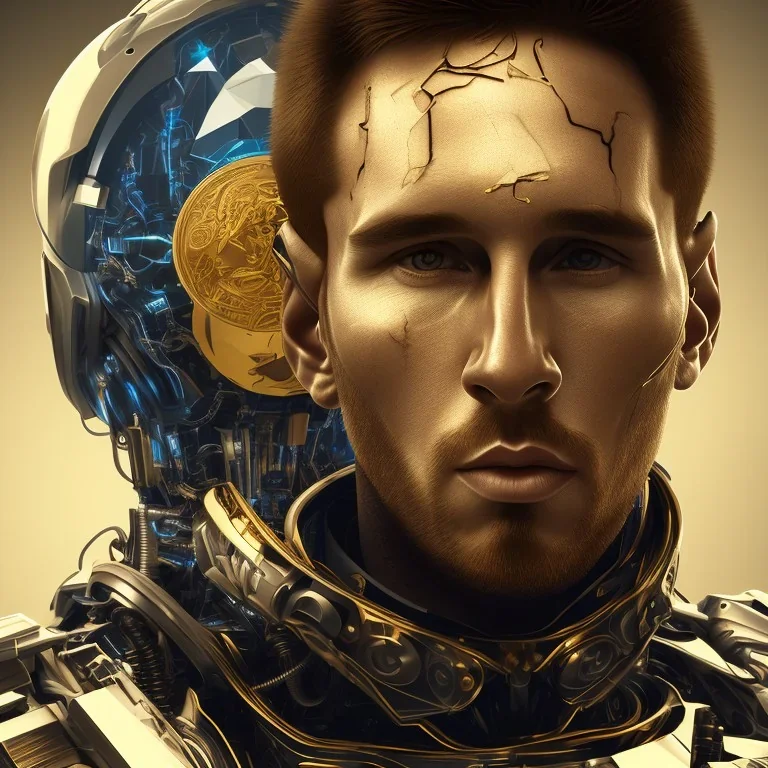 portrait face lionel messi, robot, golden, argentina flag intricate, sci-fi, cyberpunk, future,