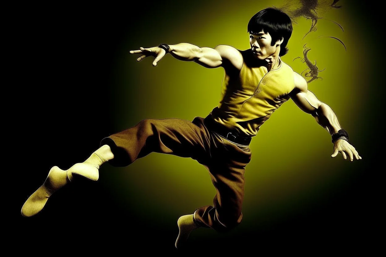 bruce lee,photo realism,in,his,prime,doing,flying,kick