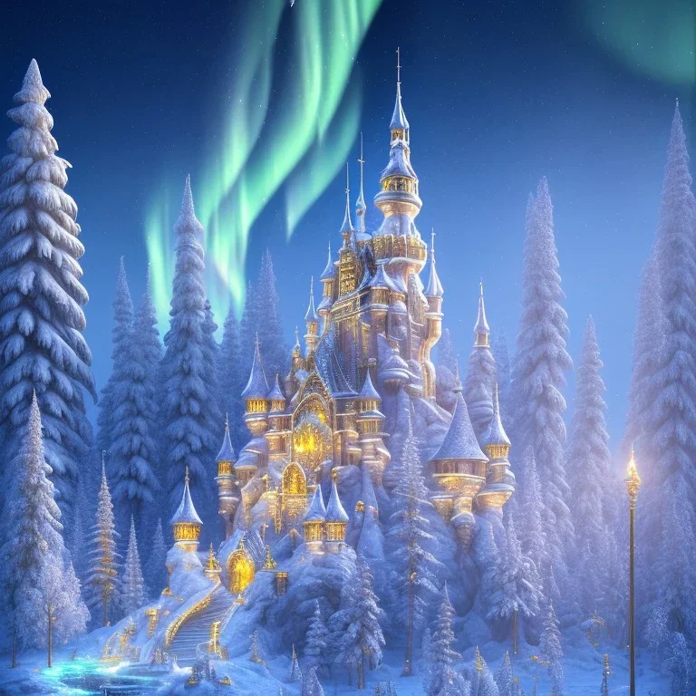 white and gold crystal castle，waterfall, winter snow flakessnow, northern Lights, full of details, smooth, bright sunshine，soft light atmosphere, light effect，vaporwave colorful, concept art, smooth, extremely sharp detail, finely tuned detail, ultra high definition, 8 k, unreal engine 5, ultra sharp focus