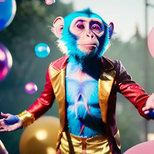 Ultra realistic circus scene. Blue Monkey man, waist up view, Wes Anderson style, happy, bubbles, party, confeti, highly detailed, concept art, unreal engine 5, god rays, ray tracing, RTX, lumen lighting, ultra detail, volumetric lighting, 3d, finely drawn, high definition, high resolution.