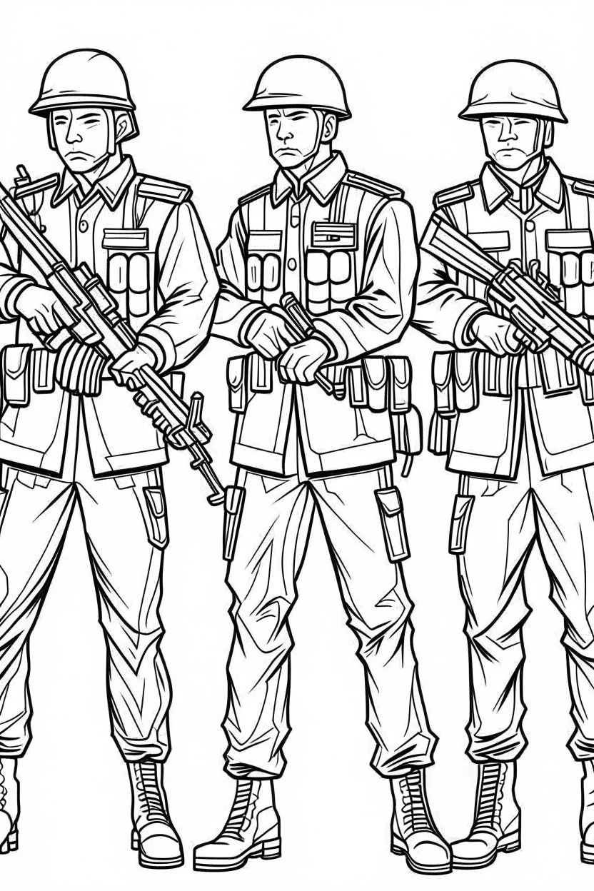 Outline art for coloring page OF A TOY SET OF FOUR SMALL AMERICAN PLASTIC TOY ARMY SOLDIERS, coloring page, white background, Sketch style, only use outline, clean line art, white background, no shadows, no shading, no color, clear