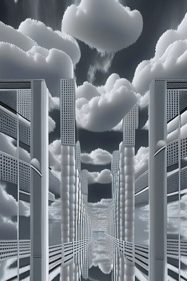 a bridge which has white clouds, in the style of futuristic digital art, grid formations, hall of mirrors, black and gray, photorealistic fantasies, multilayered dimensions, frontal perspective