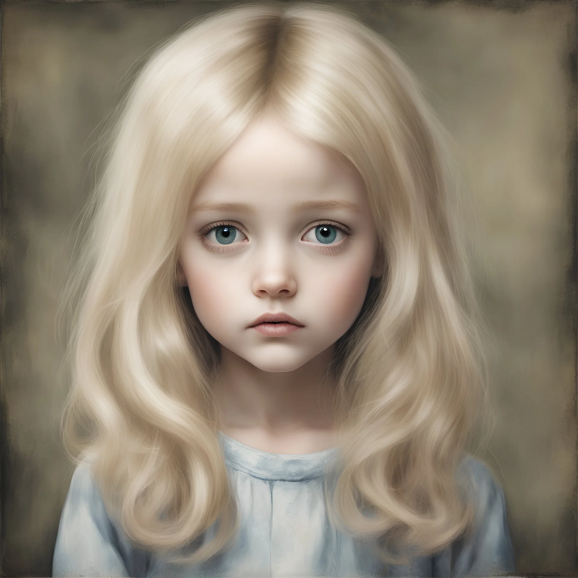 blond Little girl , grunge, long hair, , in the style of Margaret Keane