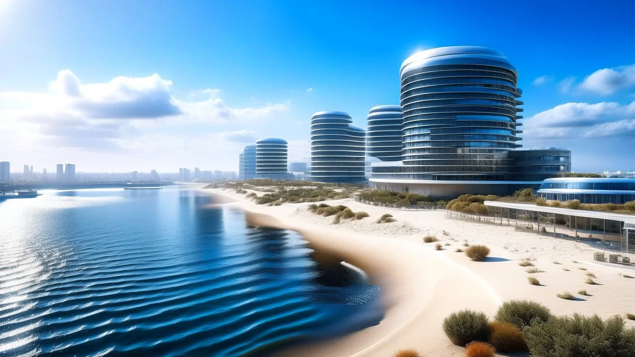 Long, Sweeping Sandy Bay With Huge Futuristic Buildings Along The Shoreline, Futuristic Piers Stretching Out Into The Sea, And Circular Buildings At The Ends