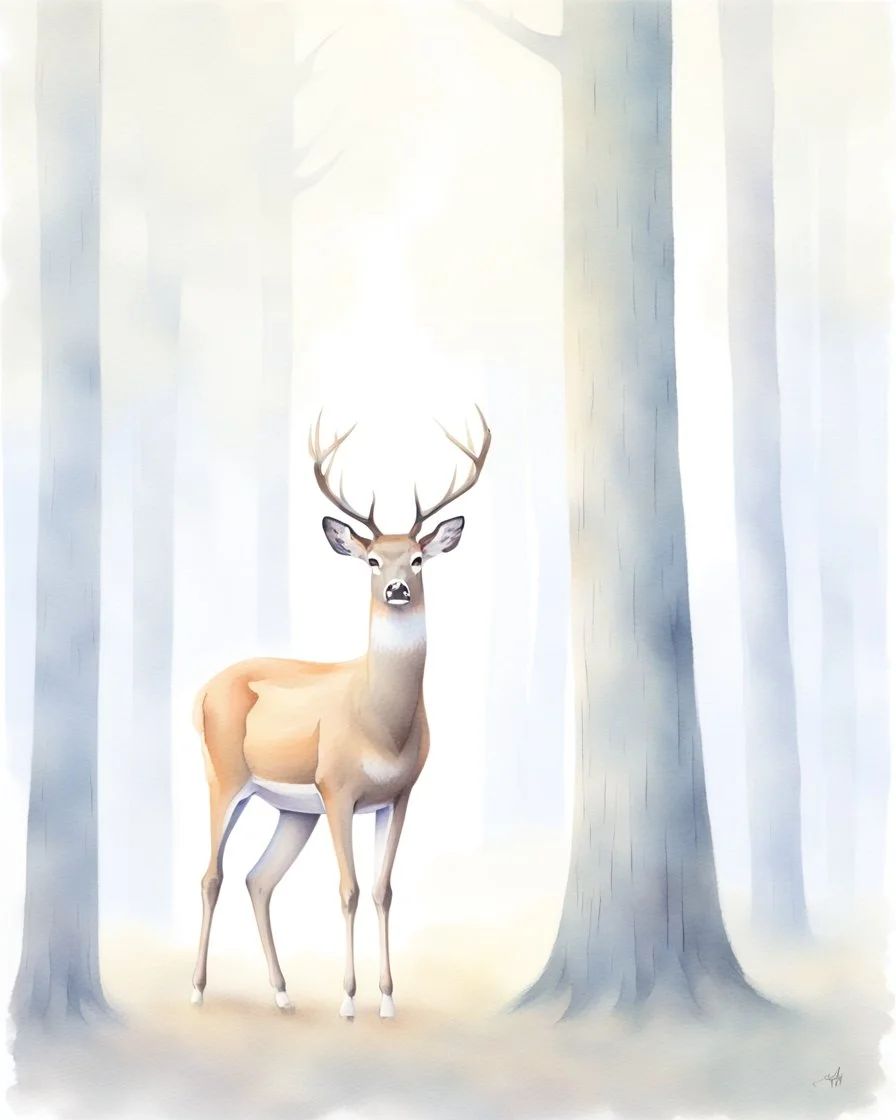 deer with antlers standing sideways, looking at viewer, realistic water color painted, among tall simplified tree trunks, foggy, pastels, colorful