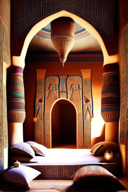 An Egyptian bedroom with arches, a big bed, cushions, rugs, lamps