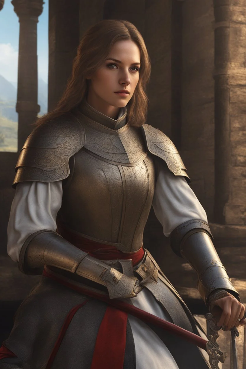 female noble templar knight, fantasy setting, medieval, year 1800, 8k, high detail, intricate, cinematic background, facing viewer