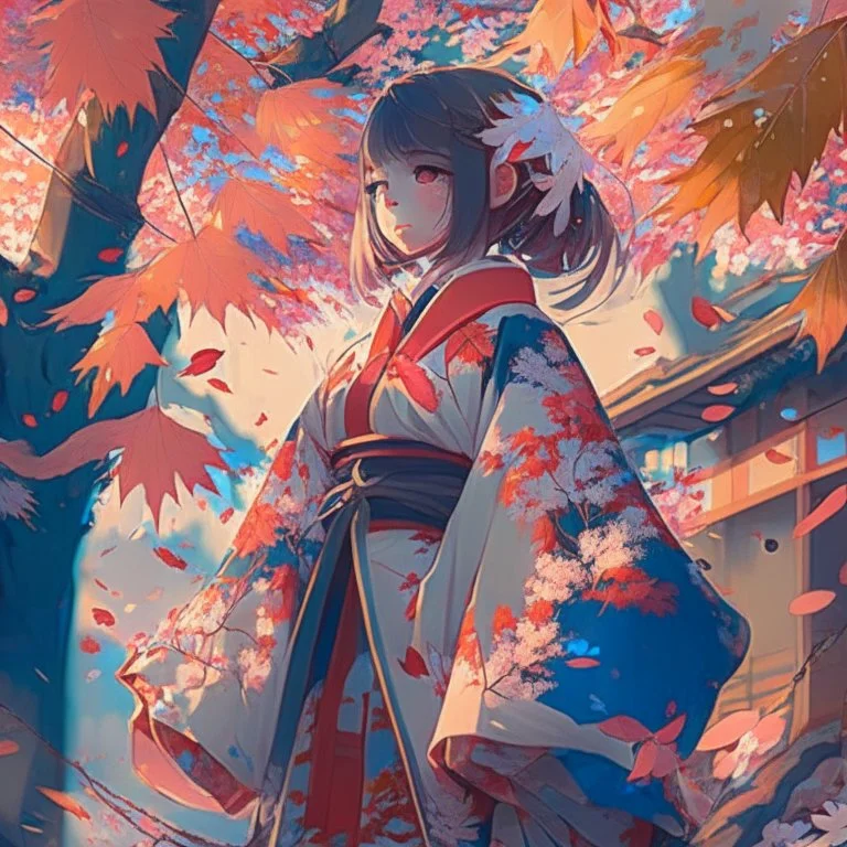 a girl wearing a kimono with ornaments and the leaves are falling from the trees near street filled with beautiful cherry trees futurism, anime style, digital art, full details, high resolution, colorful, 4k, HD