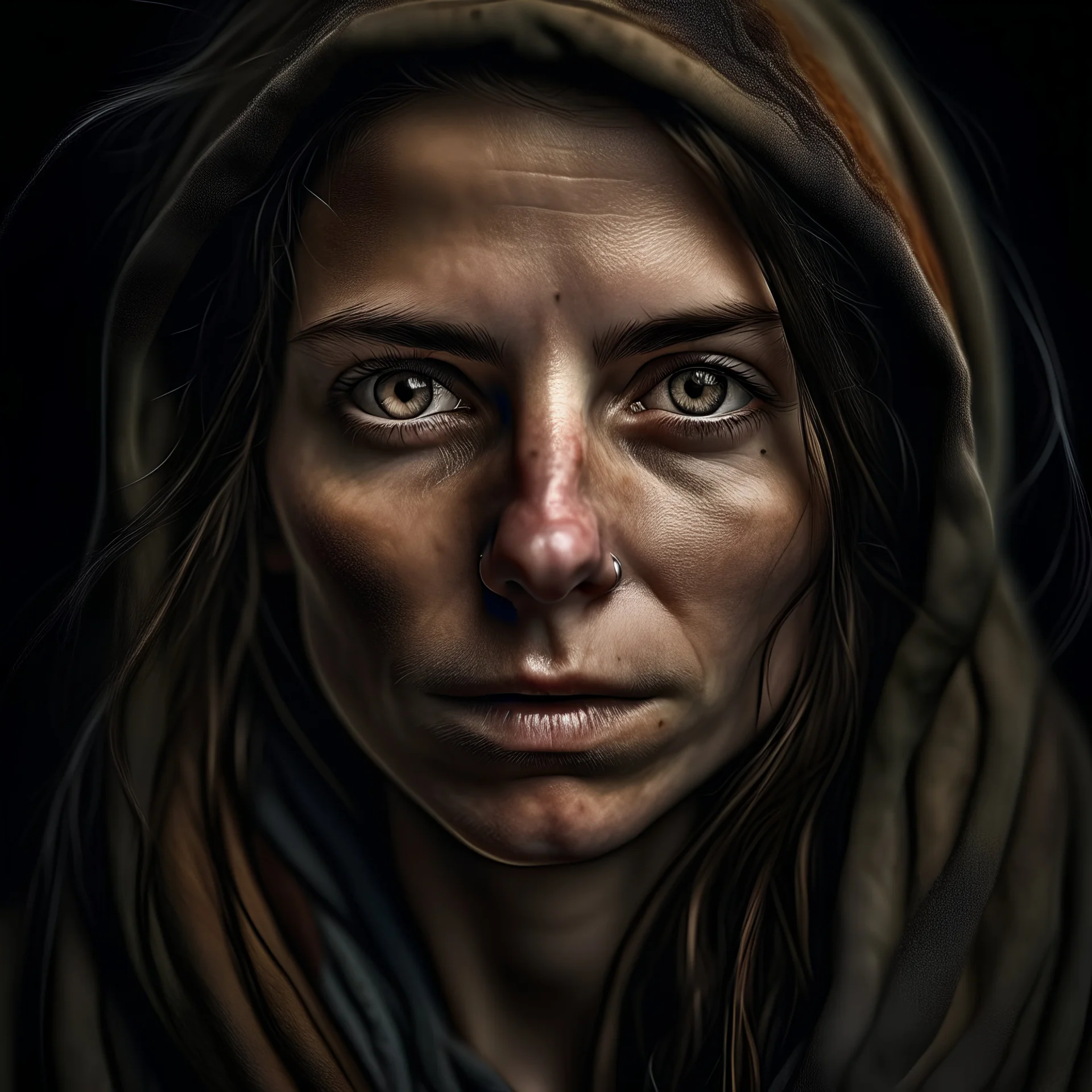 A photorealistic portrait of a stunningly beautiful woman without make-up, extremely detailed light hazel eyes, detailed symmetric realistic face, natural skin texture, extremely detailed skin with skin pores, peach fuzz, messy hair, wearing a shawl over her head, masterpiece, absurdres, award-winning photo by lee jeffries, Nikon d850 film stock photograph, kodak portra 400 camera f1.6 lens, extremely detailed, amazing, fine detail, rich colors, hyper-realistic lifelike texture, dramatic lightin